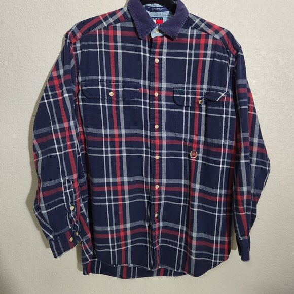 Tommy Hilfiger Shirt Mens Small Plaid Corduroy Collar Crest 90s Vintage Y2K - Picture 1 of 12